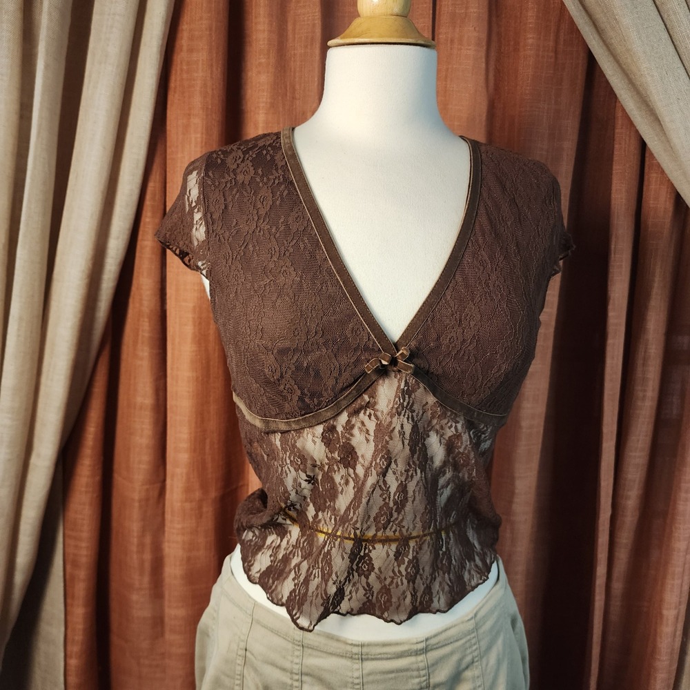 Just Polly Brown Floral Lace V-Neck Top Large Short Sleeve Velvet Trim Sheer Y2K